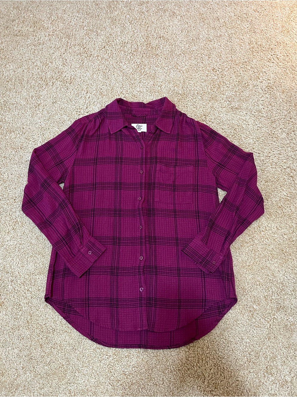 NWOT Cosmic Blue Love Rosie Relaxed Purple Pink Puckered Plaid Button Up Shirt